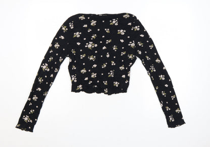 Miss Selfridge Women’s Black Floral Cropped Long Sleeve Cotton Blouse UK 10