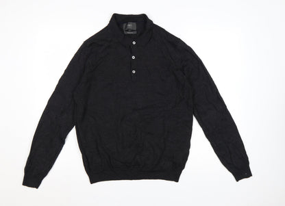 Marks and Spencer Men's Black Wool Blend Collared Henley Jumper L