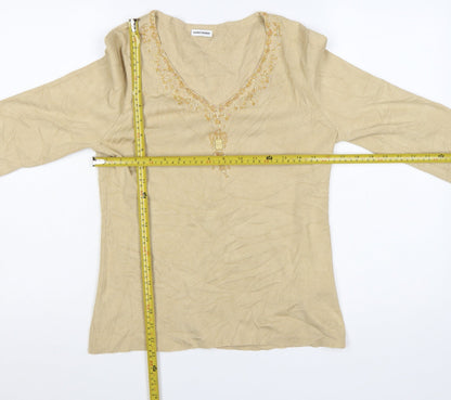 Gerry Weber Women Beige Beaded V-Neck 3/4 Sleeve Pullover Jumper Size 10