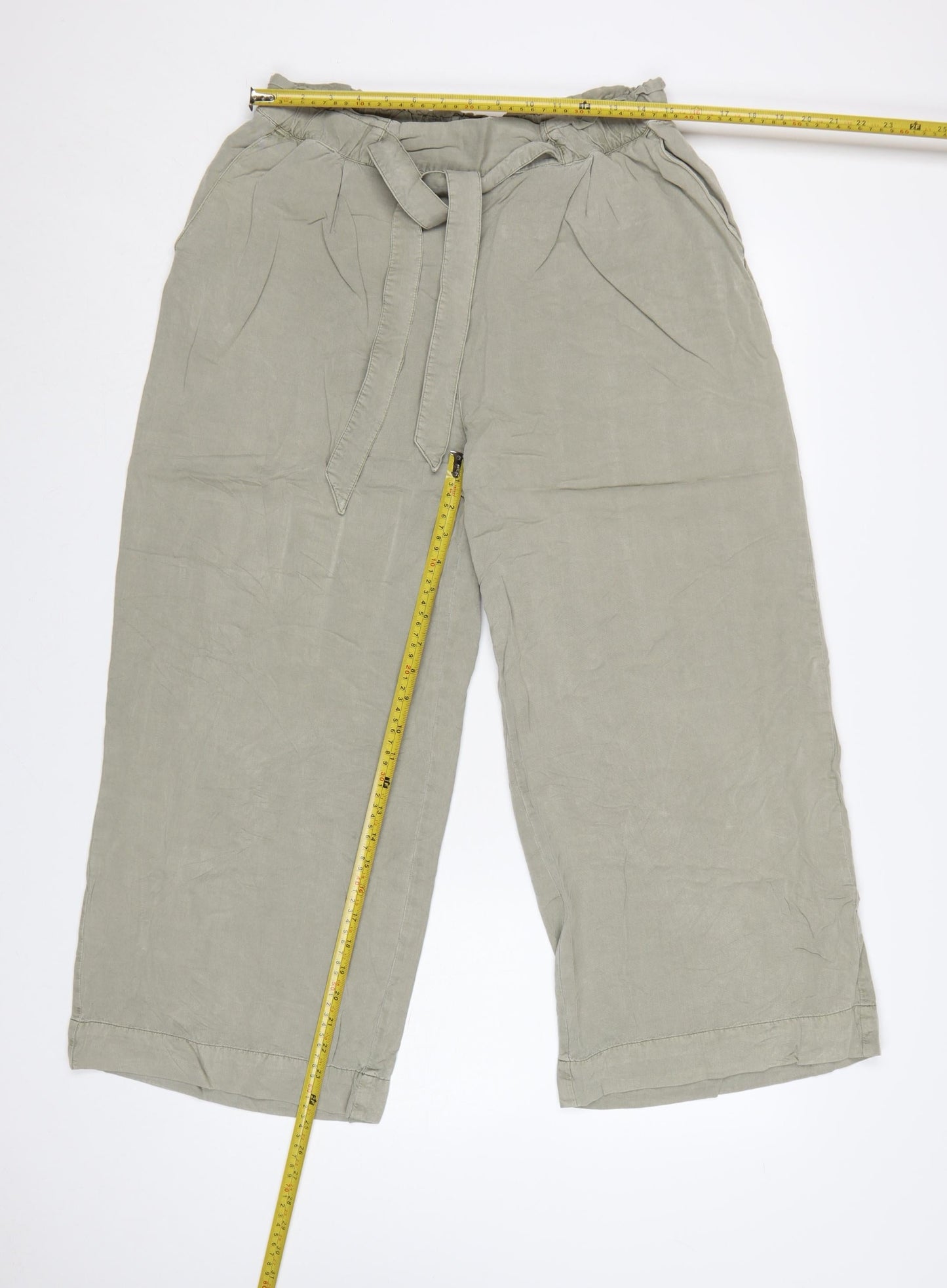 H&M Women Beige Paperbag Wide-Leg Lyocell Trousers Size 14
