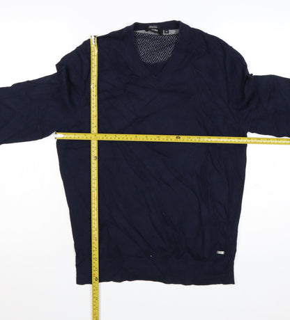 Hugo Boss Men's Blue V-Neck Cotton Wool Jumper M Regular Fit