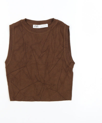 Zara Women Brown Cropped Knit Sleeveless Tank Top Size S