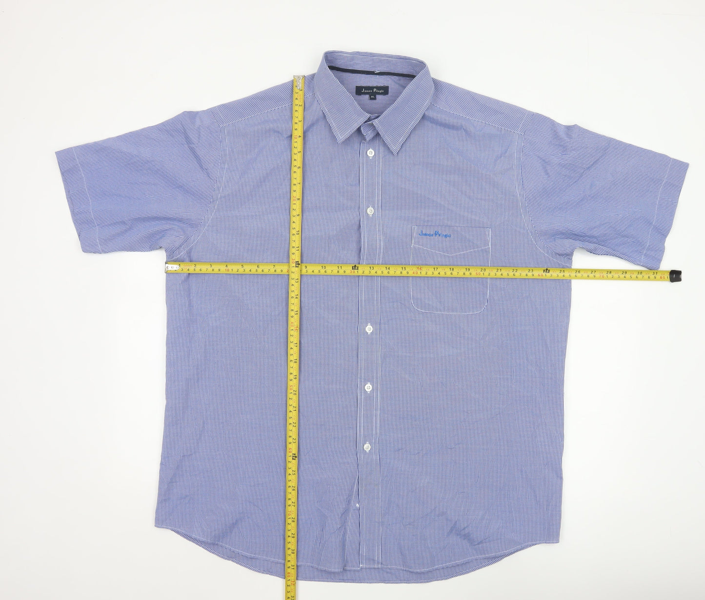 James Pringle Men's Blue Check Short Sleeve Button-Up Shirt XL