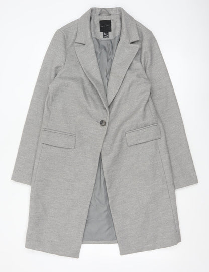 New Look Women's Grey Long Overcoat Size 10 Classic Single-Breasted