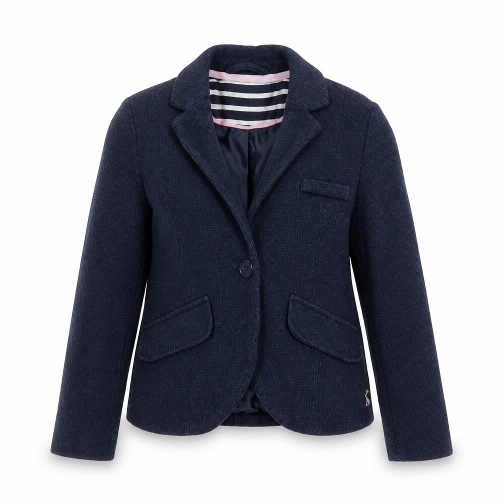 Front view of Joules girls’ blue cotton blazer jacket 7-8 years classic lined style