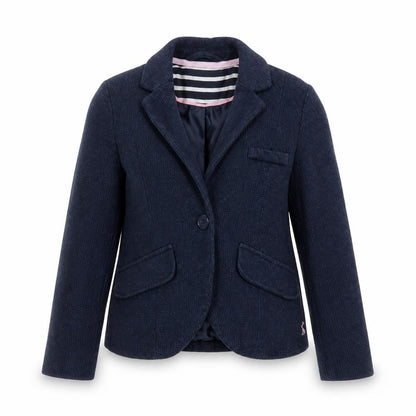 Front view of Joules girls’ blue cotton blazer jacket 7-8 years classic lined style