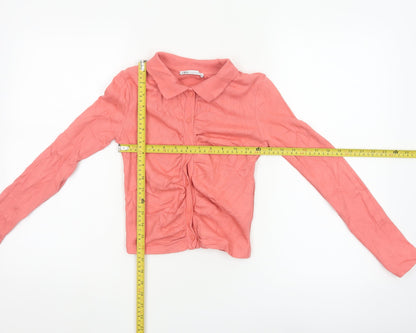 Zara Women Pink Cropped Button-Up Collared Top Long Sleeve S