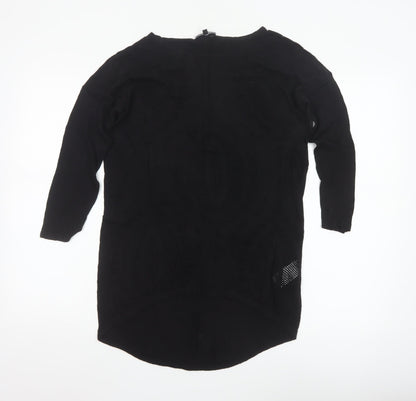 Warehouse Women’s Black Tunic Blouse Size 8 Viscose Crochet 3/4 Sleeve
