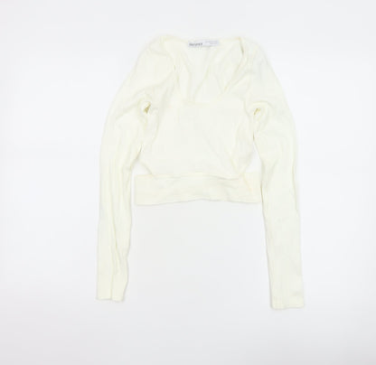 Bershka Women’s Ivory Cropped Long Sleeve Stretch Top Size 6