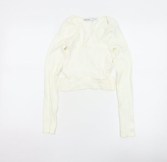 Bershka Women’s Ivory Cropped Long Sleeve Stretch Top Size 6