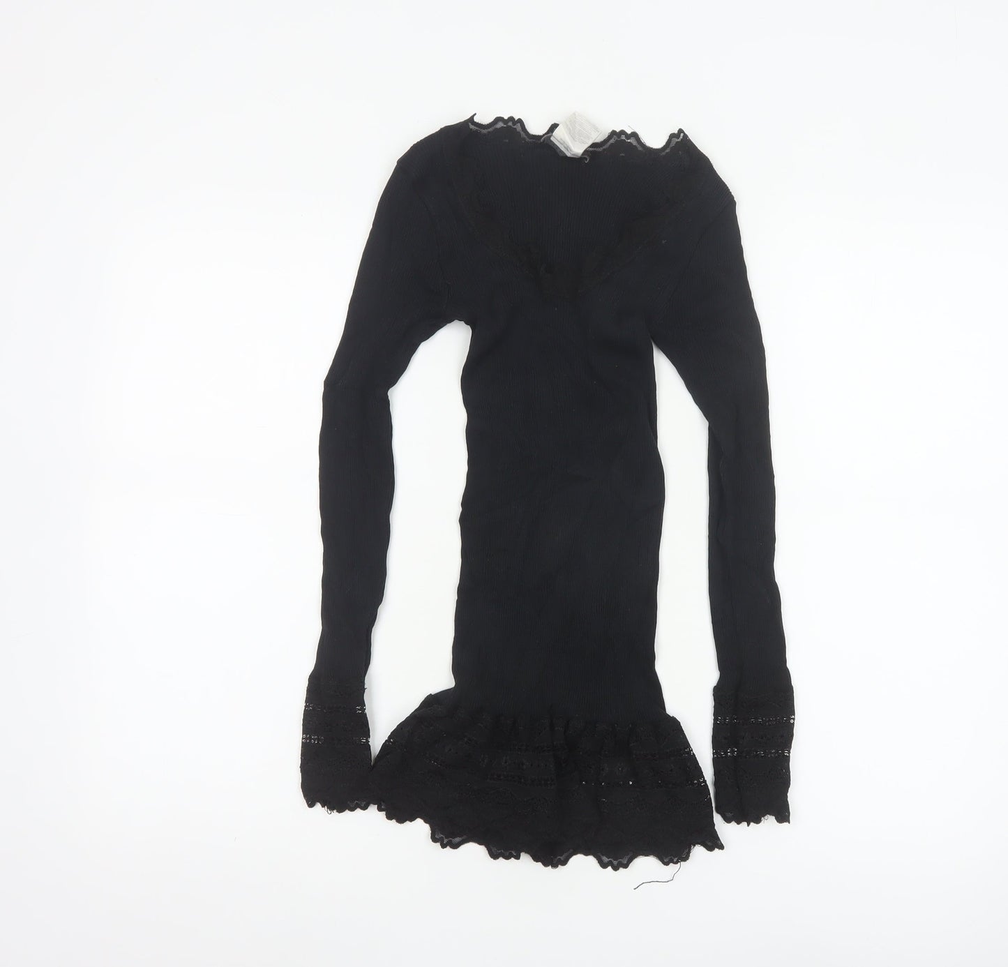 Rosemunde Women Black Silk Blend Lace Trim Long Sleeve Blouse Size S