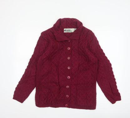 Aran Crafts Women Red Merino Wool Cable Knit Button Cardigan S
