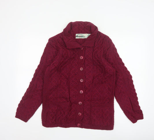 Aran Crafts Women Red Merino Wool Cable Knit Button Cardigan S