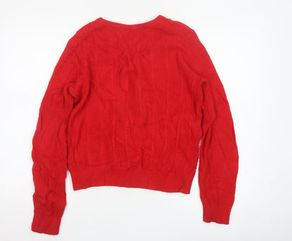 Jack Wills Women Red Cable-Knit Wool Cotton V-Neck Jumper Size 12