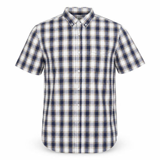 Front view of ACW85 Men's Blue Check Short Sleeve Button-Up Cotton Shirt L