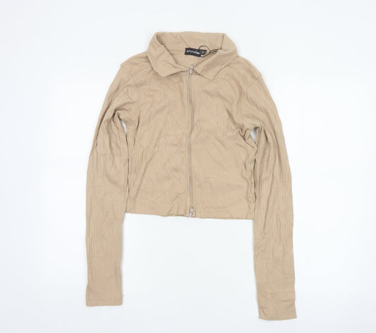 PRETTYLITTLETHING Women Beige Cropped Zip Blouse UK 12