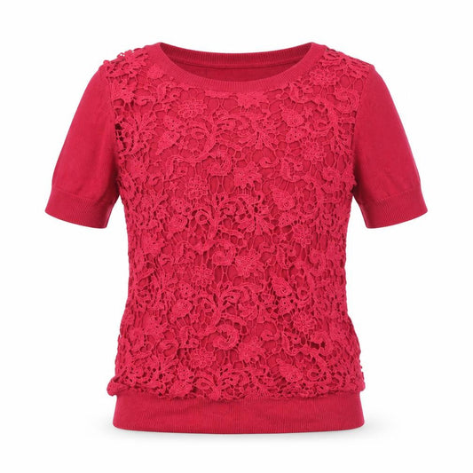 French Connection Women's Red Lace Knit Short Sleeve Top Size S