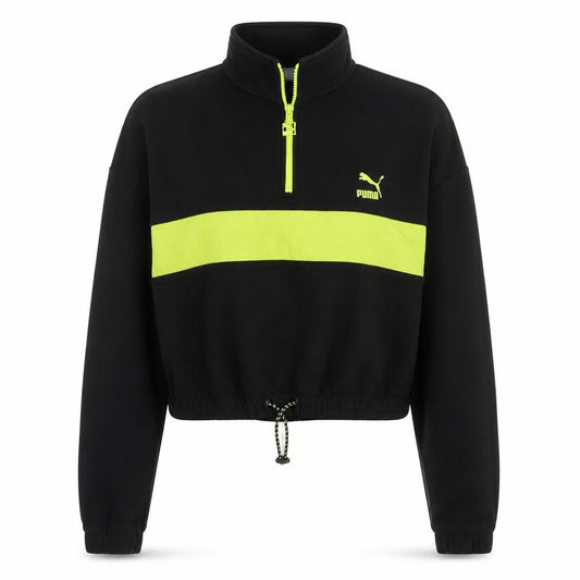 Front view of Puma women’s black & neon green 1/4 zip pullover sweatshirt, size M