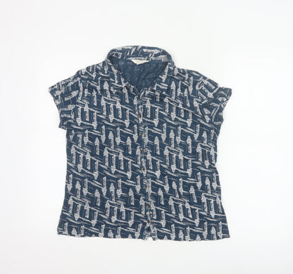White Stuff Women's Navy Lighthouse Print Linen Button-Up Shirt UK 12