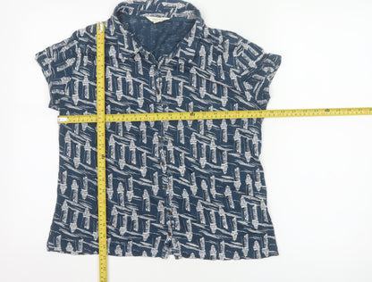 White Stuff Women's Navy Lighthouse Print Linen Button-Up Shirt UK 12