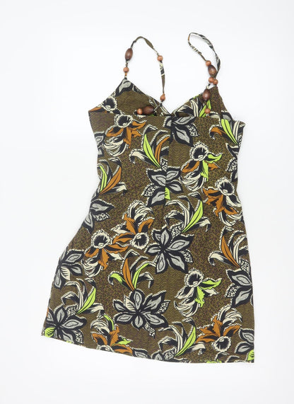 Zara Women Brown Floral Beaded Strap Slip Dress Size 12