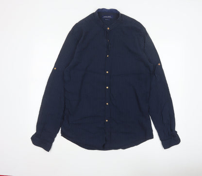 Zara Man Blue Slim Fit Band Collar Cotton Modal Shirt Size L
