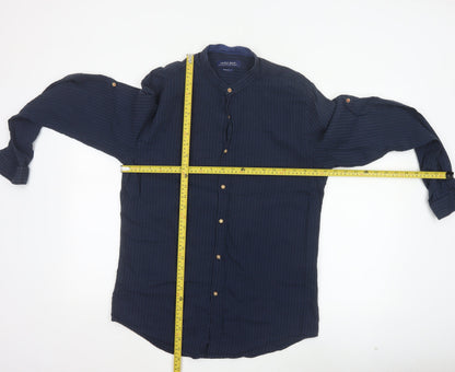 Zara Man Blue Slim Fit Band Collar Cotton Modal Shirt Size L