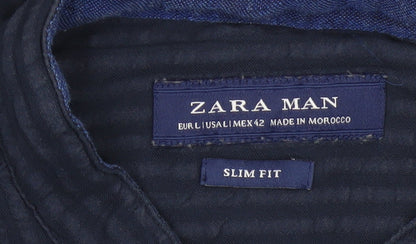 Zara Man Blue Slim Fit Band Collar Cotton Modal Shirt Size L