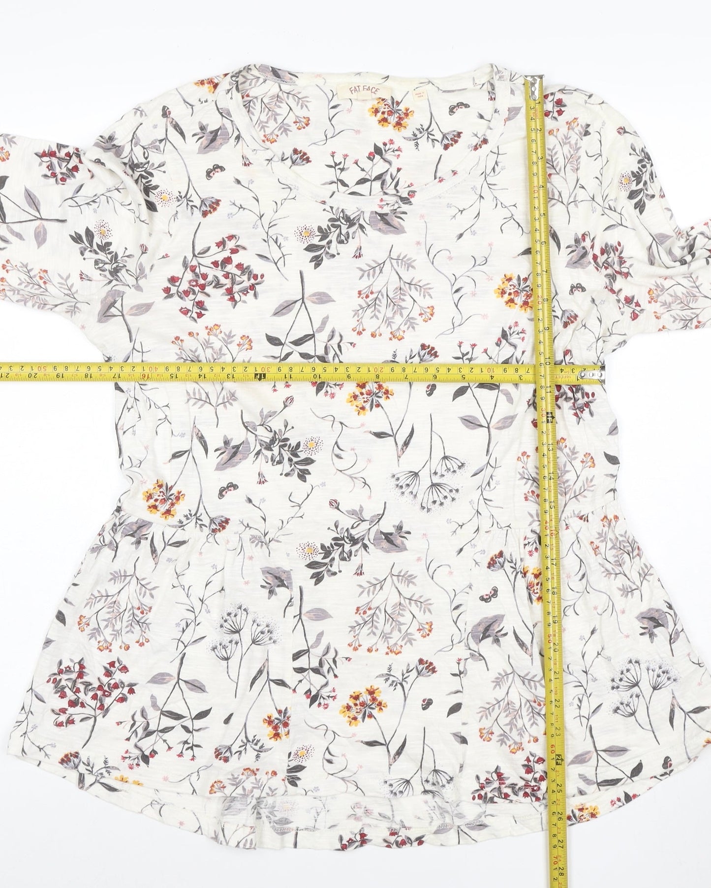 Fat Face Womens Ivory Floral 3/4 Sleeve Tunic Top Size 14