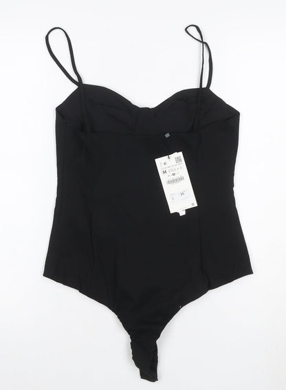 ZARA Women Black Bodysuit Jumpsuit Size 12 Satin Finish