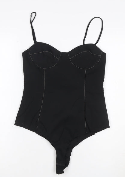 ZARA Women Black Bodysuit Jumpsuit Size 12 Satin Finish