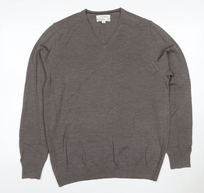 Marks and Spencer Men's Brown Merino Wool V-Neck Jumper L