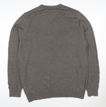 Marks and Spencer Men's Brown Merino Wool V-Neck Jumper L