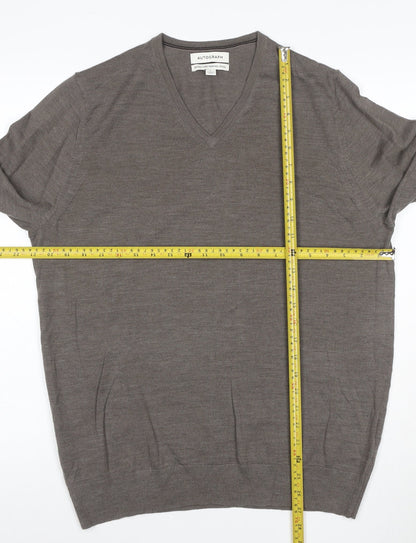 Marks and Spencer Men's Brown Merino Wool V-Neck Jumper L