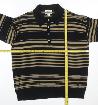 Jaeger Mens Black Striped Collared Merino Wool Henley Jumper M