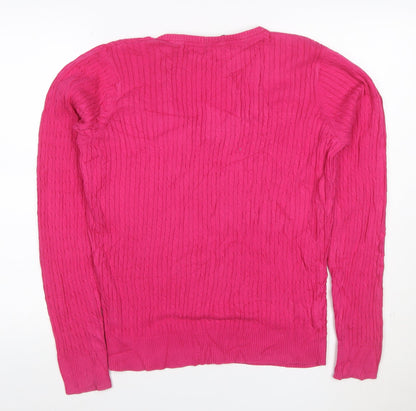 Crew Clothing Co. Women's Pink V-Neck Cotton Cable Knit Jumper Size 16