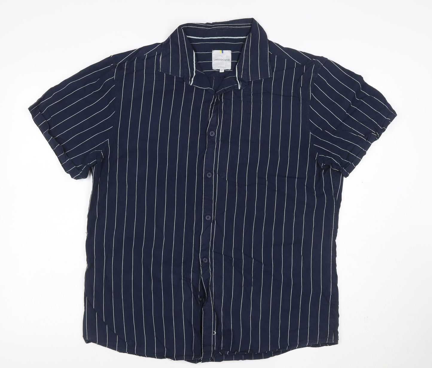 Larsson & Co Men's Blue Striped Cotton Short Sleeve Button-Up Shirt XL