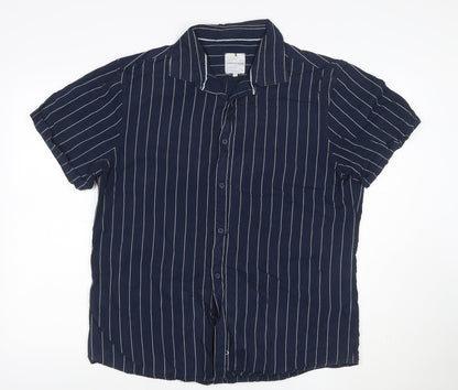 Larsson & Co Men's Blue Striped Cotton Short Sleeve Button-Up Shirt XL