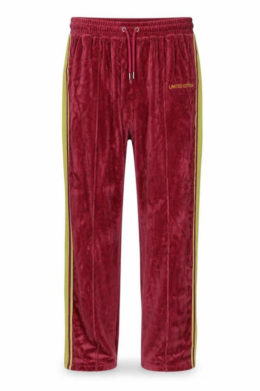 boohooMAN Men's Red Velour Track Pants L Side Stripe Elastic Waist
