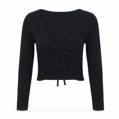 Urban Outfitters Women’s Black Cropped Long Sleeve Ruched V-Neck Top L
