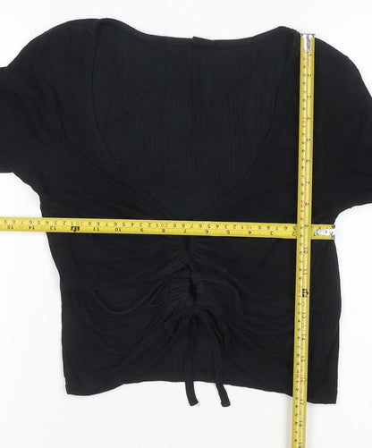 Urban Outfitters Women’s Black Cropped Long Sleeve Ruched V-Neck Top L