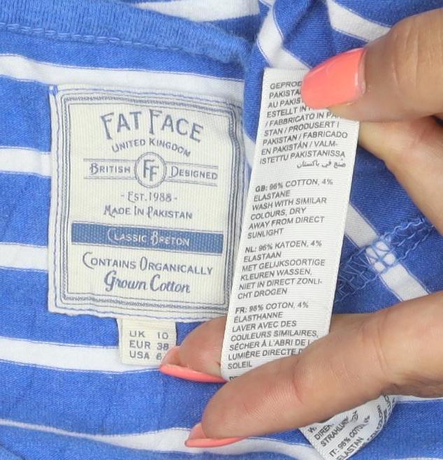 Fat Face Women Blue Striped Long Sleeve Cotton Top Size 10