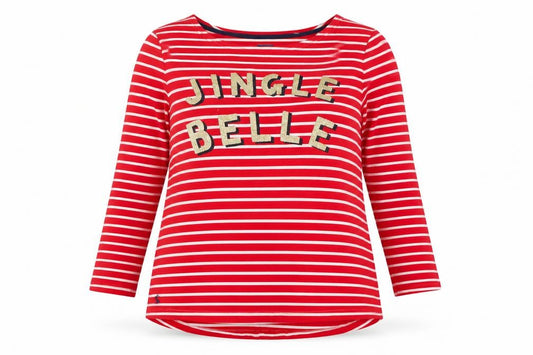 Joules Women's Red Striped Sequin Christmas Long Sleeve Cotton Top Size 14