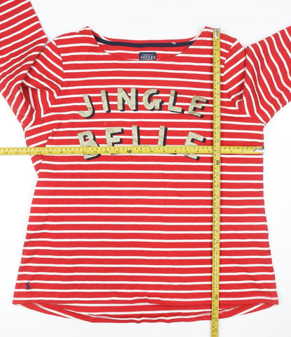 Joules Women's Red Striped Sequin Christmas Long Sleeve Cotton Top Size 14