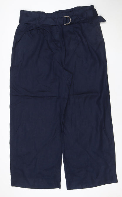 Marks and Spencer Womens Blue Linen Cropped Wide-Leg Belted Trousers Size 20