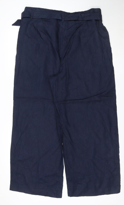 Marks and Spencer Womens Blue Linen Cropped Wide-Leg Belted Trousers Size 20