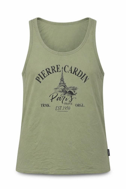 Pierre Cardin Men's Green Sleeveless Round Neck Paris Print T-Shirt L