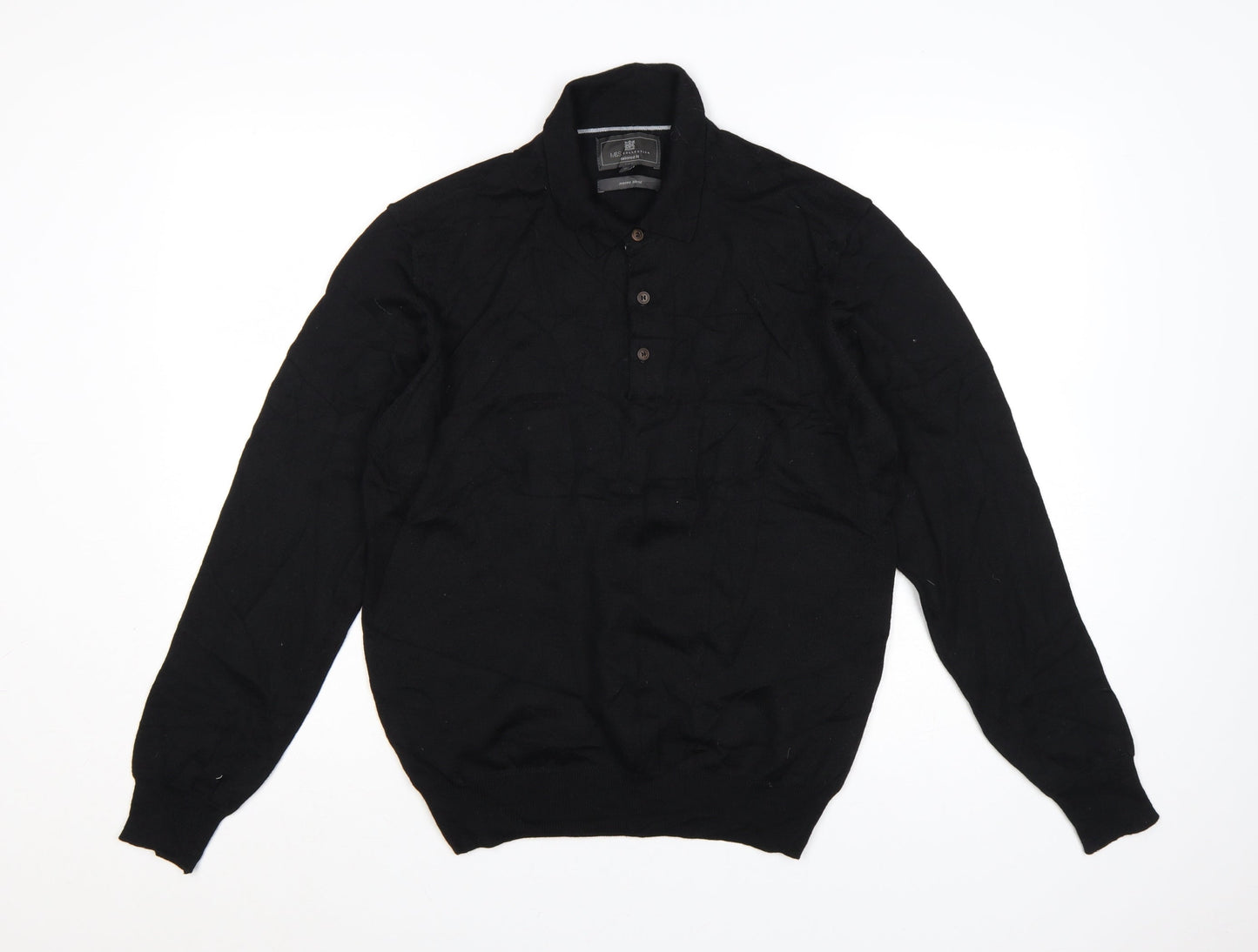 Marks and Spencer Men's Black Merino Henley Jumper M Tailored Fit