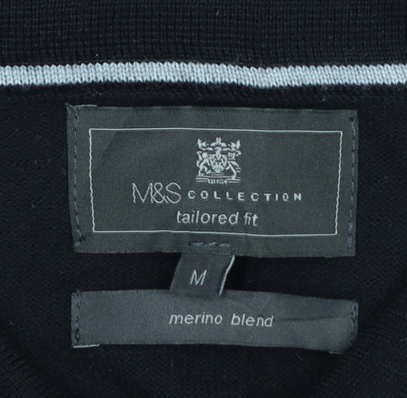 Marks and Spencer Men's Black Merino Henley Jumper M Tailored Fit