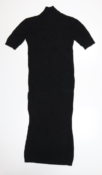 Zara Women Black Knit Bodycon Midi Dress Size 12 High Neck